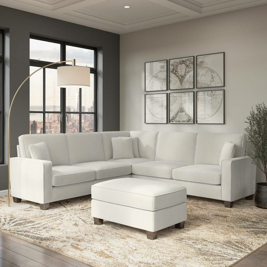 Living & Family Room Furniture * | Hot Sell Stockton 99W L Shaped Sectional Couch W/ Ottoman In Light Beige Microsuede Bush Furniture Skt003Lbm