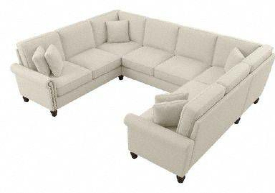 Living & Family Room Furniture * | Hot Sell Bush Furniture Coventry 113W U Shaped Sectional Couch In Cream Herringbone Bush Furniture Cvy112Bcrh-03K