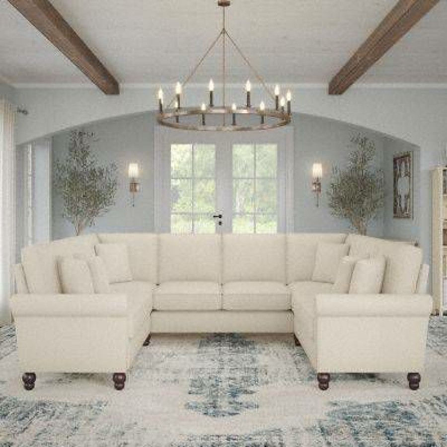 Living & Family Room Furniture * | Hot Sell Bush Furniture Coventry 113W U Shaped Sectional Couch In Cream Herringbone Bush Furniture Cvy112Bcrh-03K