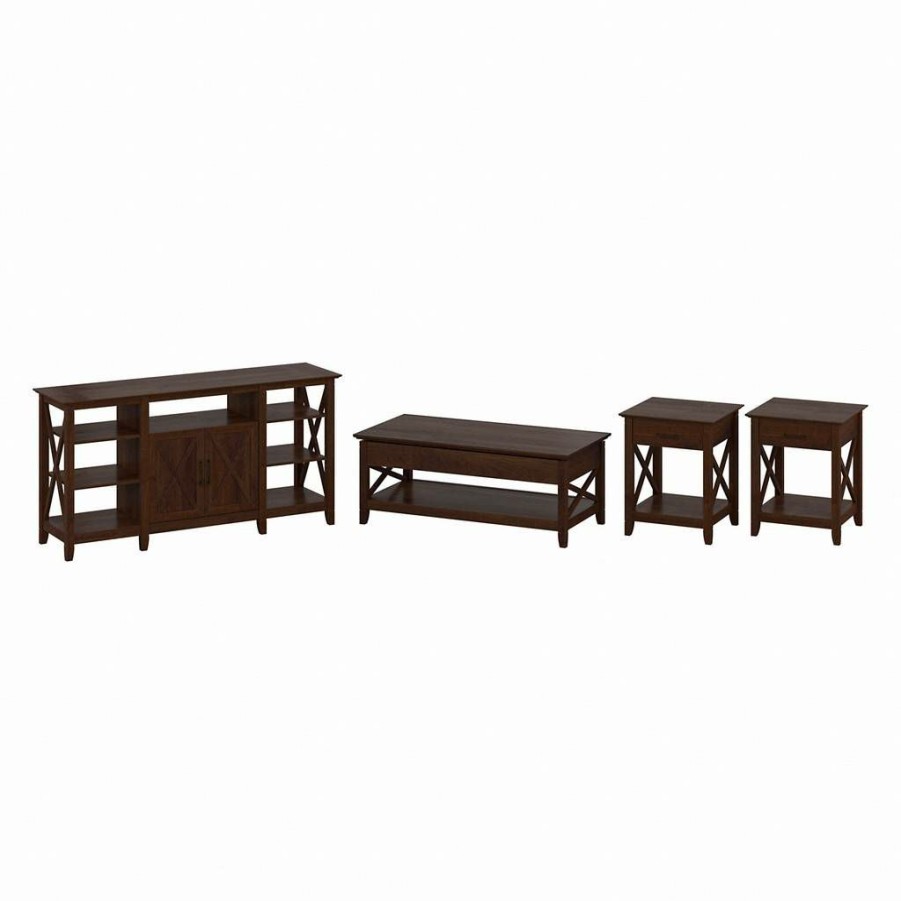 Living & Family Room Furniture * | Limit Offer Bush Furniture Key West Tall Tv Stand With Lift Top Coffee Table Desk And End Tables In Bing Cherry Bush Furniture Kws078Bc