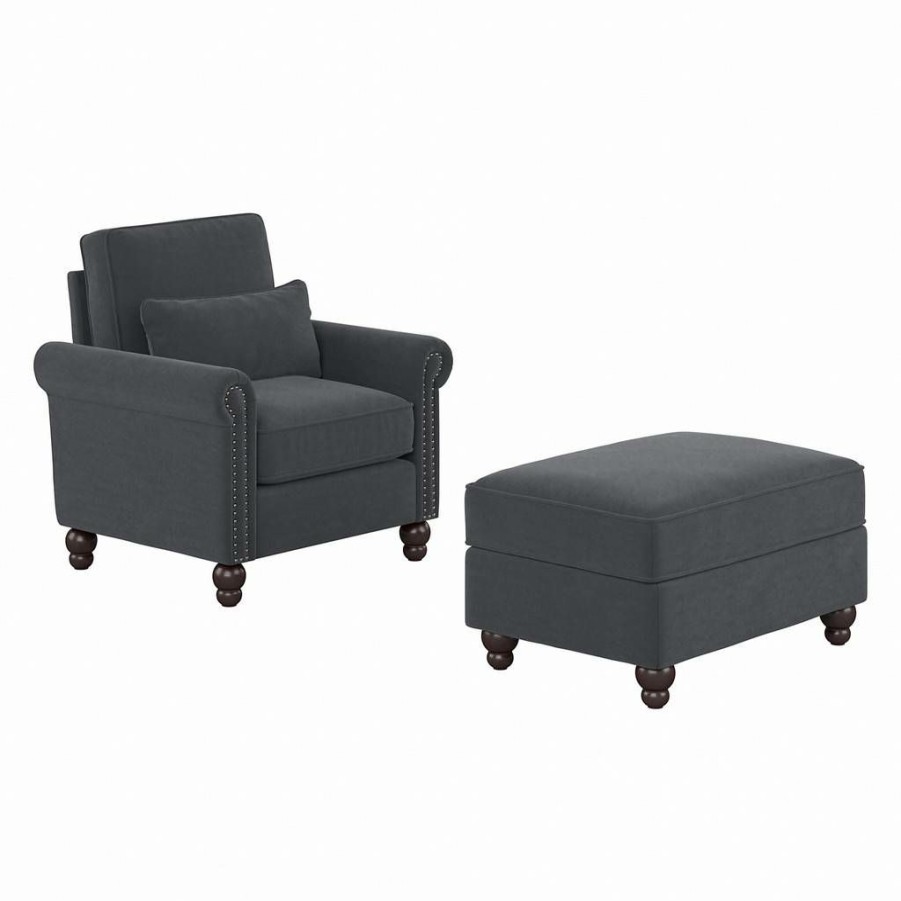 Living & Family Room Furniture * | Outlet Bush Furniture Coventry Accent Chair With Ottoman Set In Dark Gray Microsuede Bush Furniture Cvn010Dgm