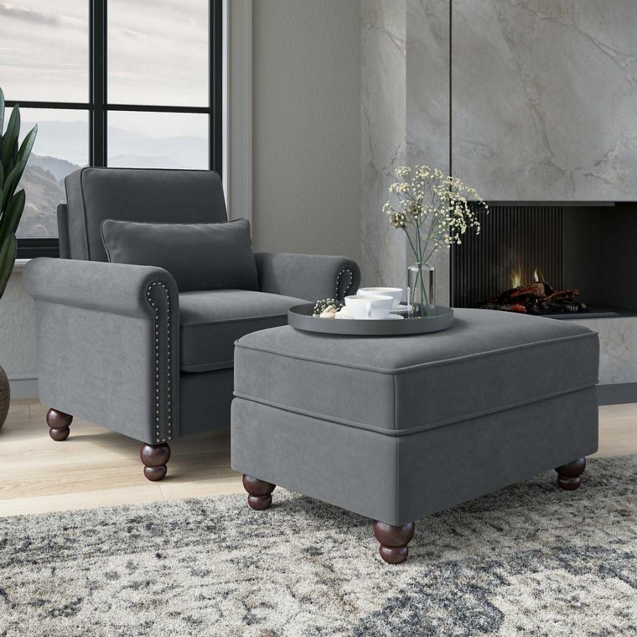 Living & Family Room Furniture * | Outlet Bush Furniture Coventry Accent Chair With Ottoman Set In Dark Gray Microsuede Bush Furniture Cvn010Dgm