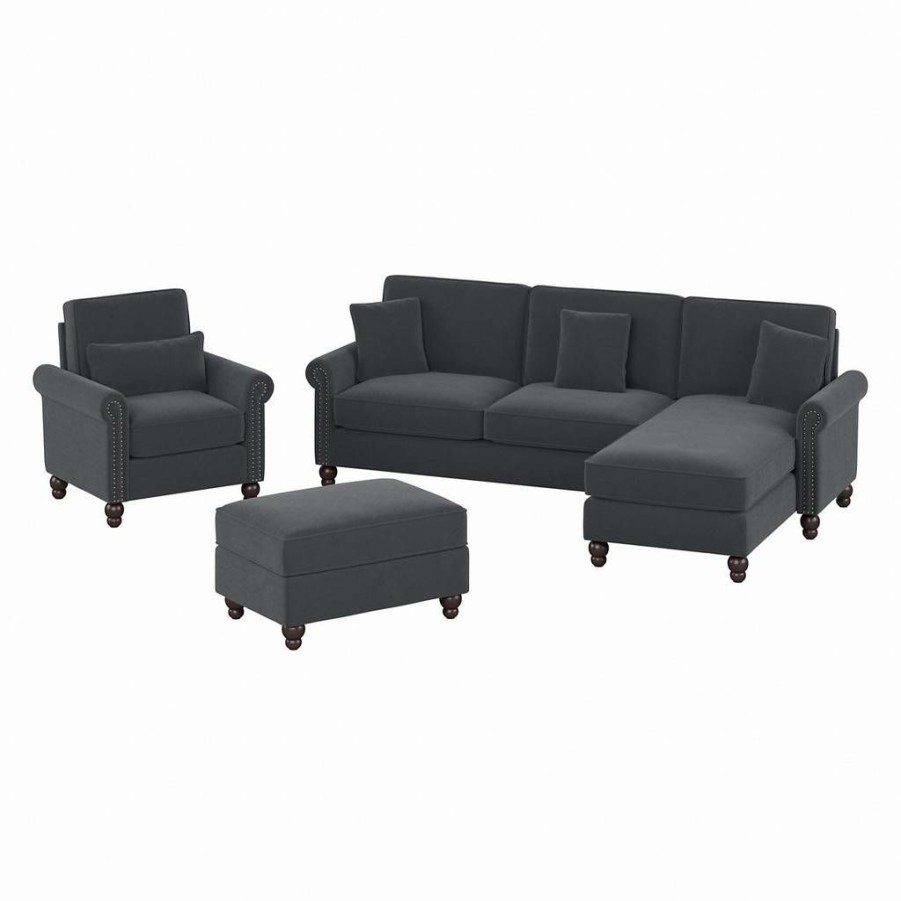 Living & Family Room Furniture * | Limit Offer Bush Furniture Coventry 102W Sectional Couch With Reversible Chaise Lounge, Accent Chair, And Ottoman In Dark Gray Microsuede Bush Furniture Cvn021Dgm