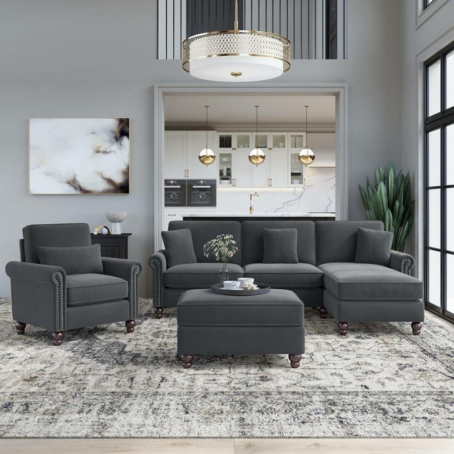 Living & Family Room Furniture * | Limit Offer Bush Furniture Coventry 102W Sectional Couch With Reversible Chaise Lounge, Accent Chair, And Ottoman In Dark Gray Microsuede Bush Furniture Cvn021Dgm