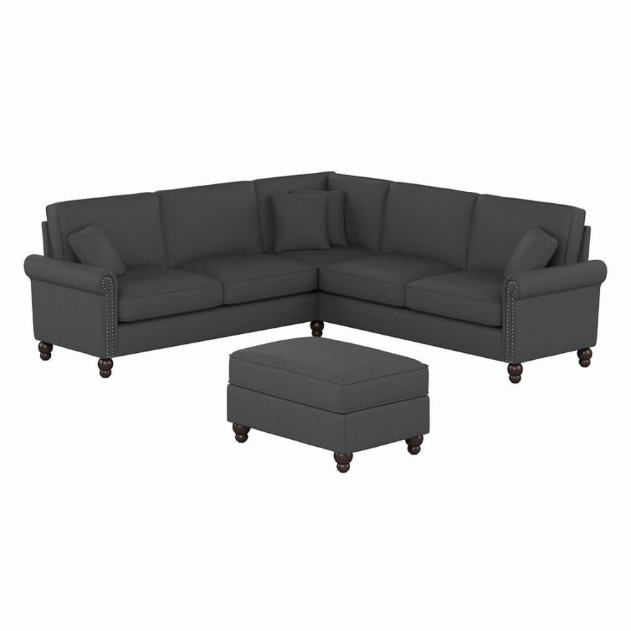 Living & Family Room Furniture * | Quick Expedition Bush Furniture Coventry 99W L Shaped Sectional Couch With Ottoman In Charcoal Gray Herringbone Bush Furniture Cvn003Cgh