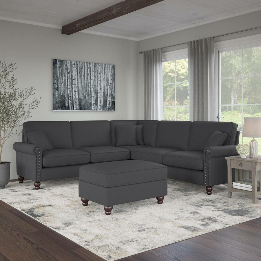 Living & Family Room Furniture * | Quick Expedition Bush Furniture Coventry 99W L Shaped Sectional Couch With Ottoman In Charcoal Gray Herringbone Bush Furniture Cvn003Cgh