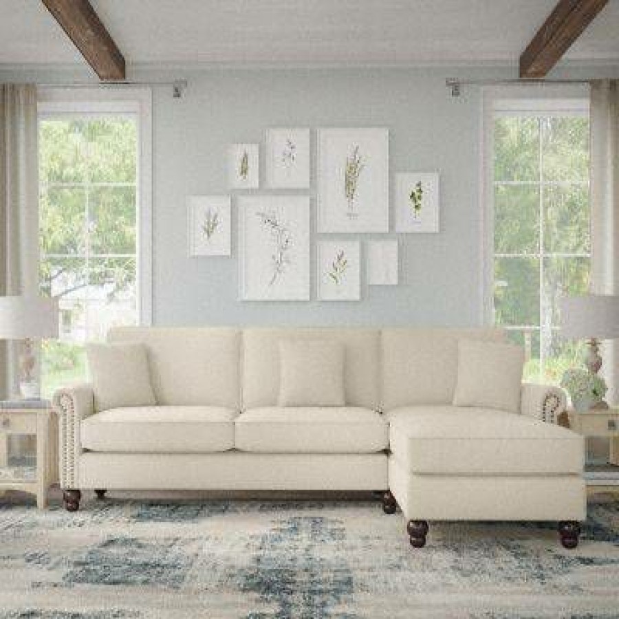 Living & Family Room Furniture * | Limited Edition Bush Furniture Coventry 102W Sectional Couch With Reversible Chaise Lounge In Cream Herringbone Bush Furniture Cvy102Bcrh-03K