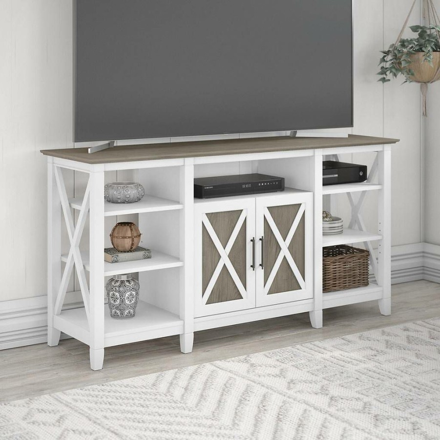 Living & Family Room Furniture * | Crazy Deals Bush Furniture Key West Tall Tv Stand For 65 Inch Tv In Pure White And Shiplap Gray Bush Furniture Kwv160G2W-03