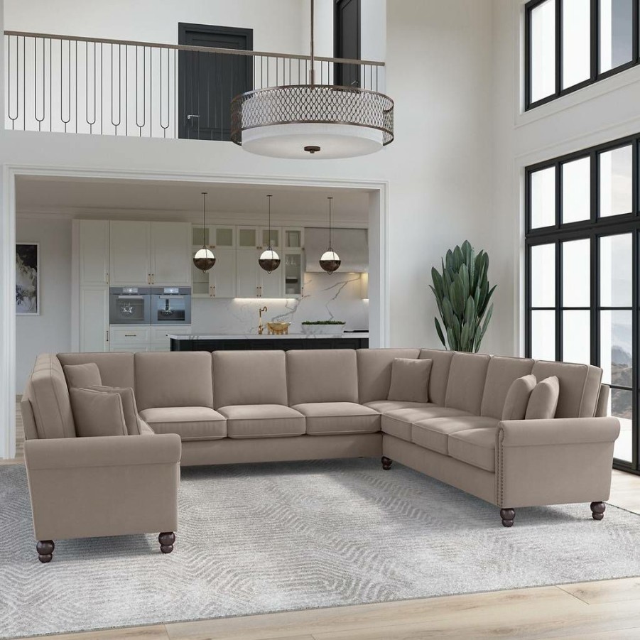 Living & Family Room Furniture * | Featured Bush Furniture Coventry 137W U Shaped Sectional Couch In Tan Microsuede Bush Furniture Cvy135Btnm-03K