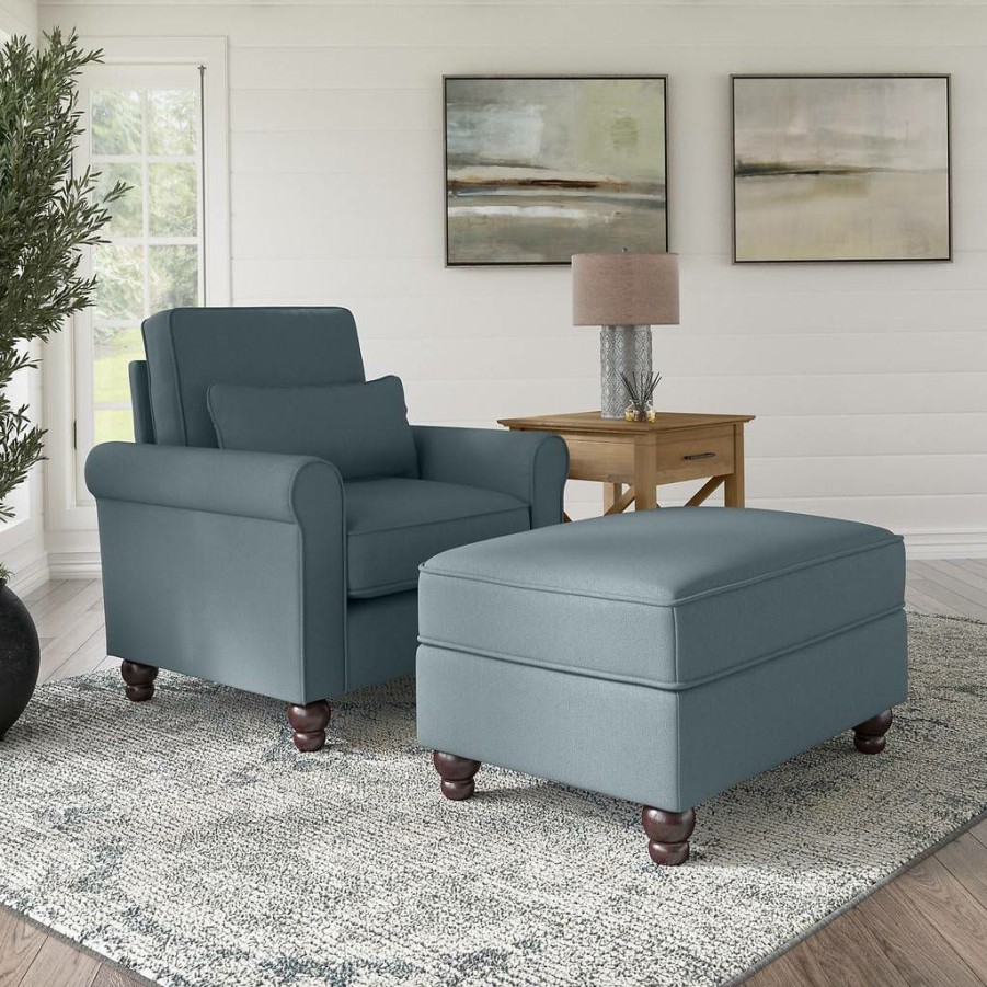 Living & Family Room Furniture * | Best Price Bush Furniture Hudson Accent Chair With Ottoman Set In Turkish Blue Herringbone Bush Furniture Hdn010Tbh