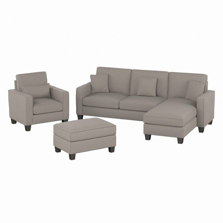 Living & Family Room Furniture * | Large Choice Stockton 102W Sectional Couch W/ Reversible Chaise Lounge, Accent Chair & Ottoman In Beige Herringbone Bush Furniture Skt021Bgh