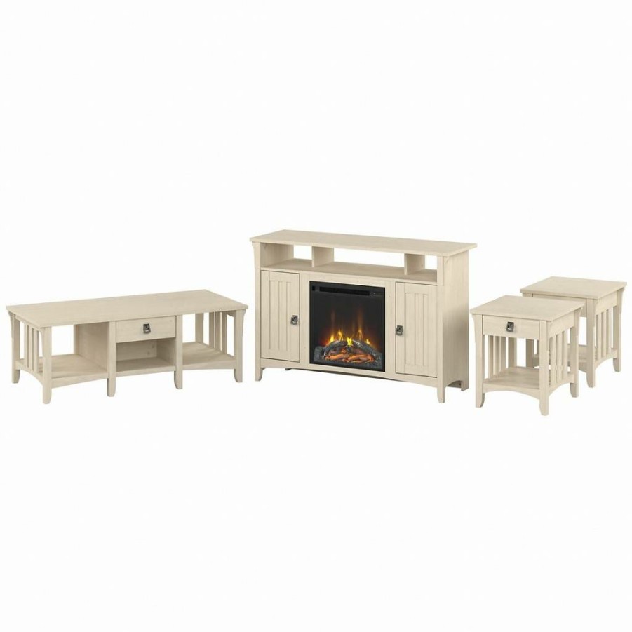 Living & Family Room Furniture * | Best Price Bush Furniture Salinas Tall Electric Fireplace Tv Stand With Coffee Table And End Tables In Antique White Bush Furniture Sal065Aw