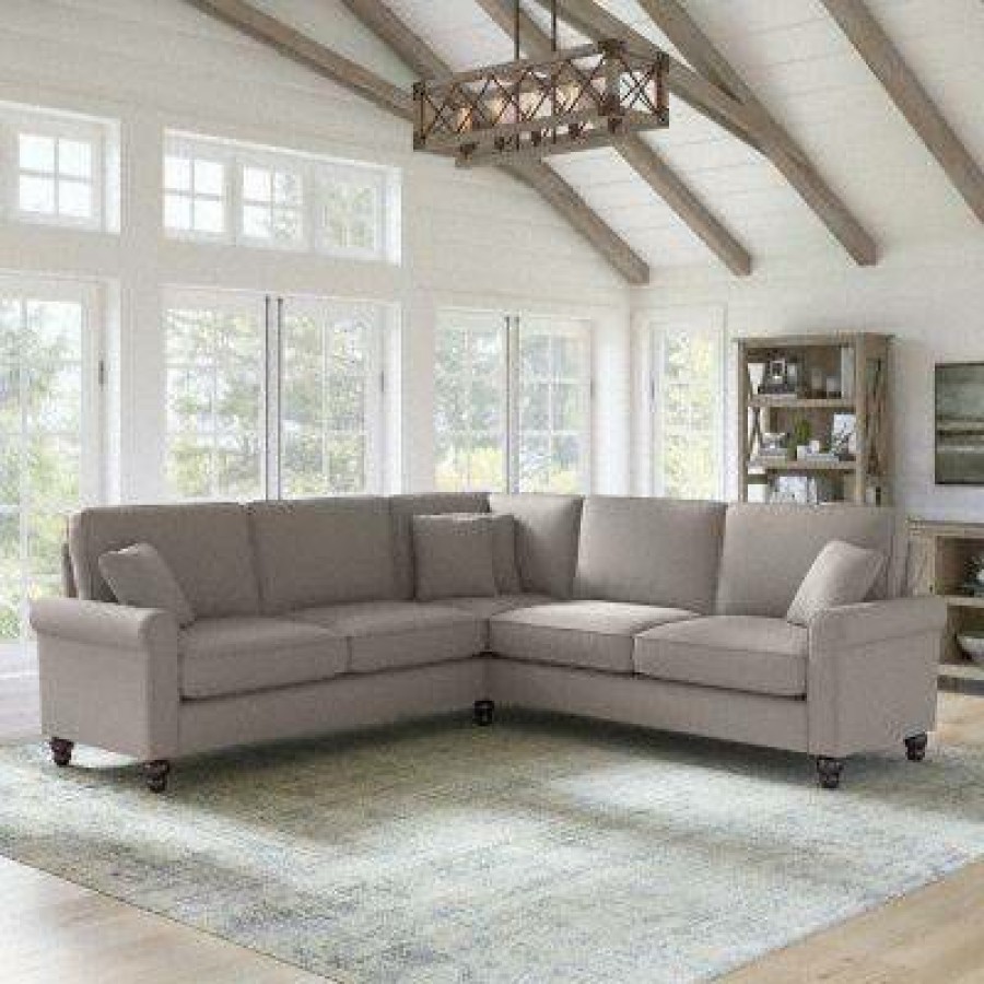 Living & Family Room Furniture * | Featured Bush Furniture Hudson 99W L Shaped Sectional Couch In Beige Herringbone Bush Furniture Hdy98Bbgh-03K