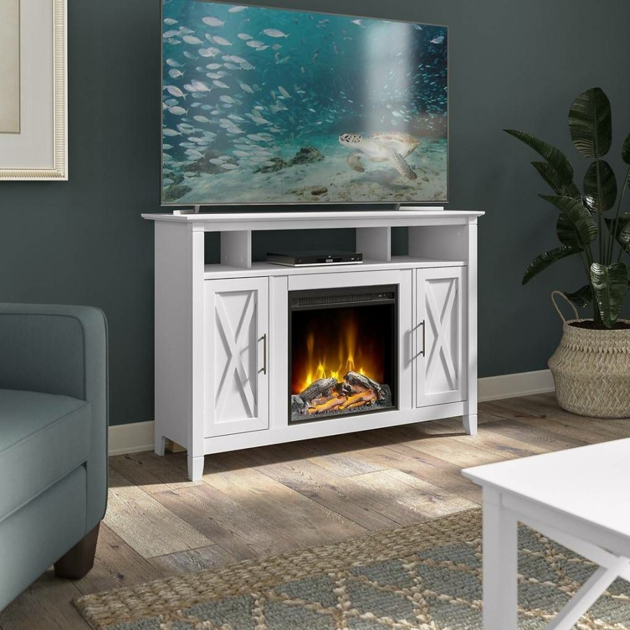 Living & Family Room Furniture * | Crazy Deals Bush Furniture Key West Tall Electric Fireplace Tv Stand For 55 Inch Tv In Pure White Oak Bush Furniture Kws064Wt