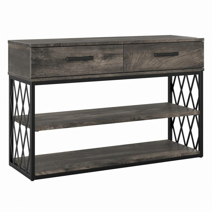 Living & Family Room Furniture * | Online Kathy Ireland Home By Bush Furniture City Park Industrial Console Table With Drawers And Shelves In Dark Gray Hickory Bush Furniture Cpt148Gh-03