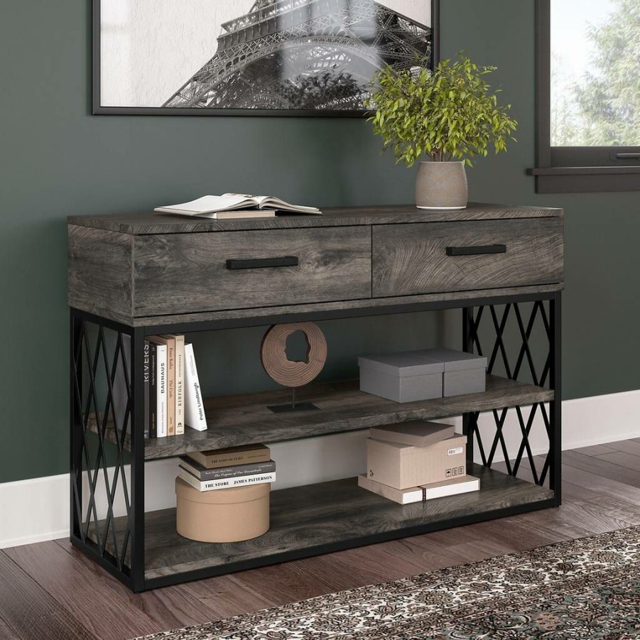 Living & Family Room Furniture * | Online Kathy Ireland Home By Bush Furniture City Park Industrial Console Table With Drawers And Shelves In Dark Gray Hickory Bush Furniture Cpt148Gh-03