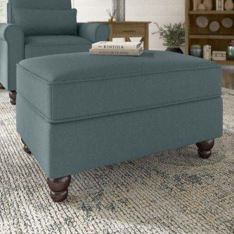 Living & Family Room Furniture * | Limit Offer Bush Furniture Hudson Storage Ottoman In Turkish Blue Herringbone Bush Furniture Hdo34Btbh-Z