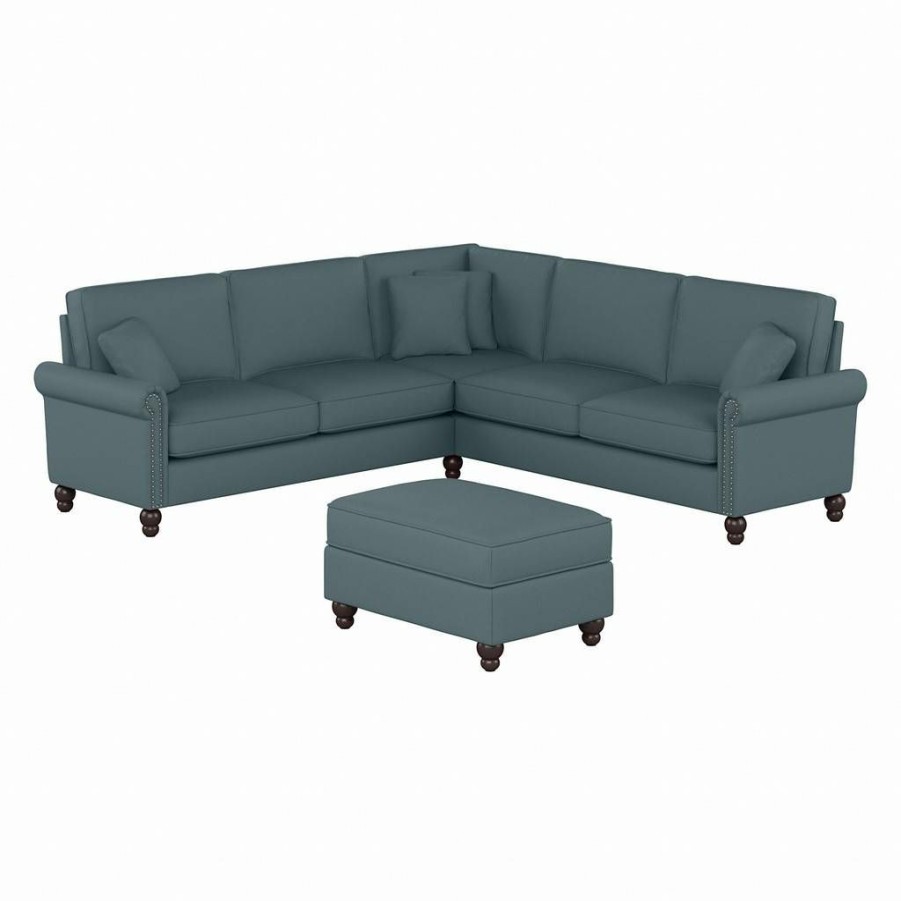 Living & Family Room Furniture * | Limited Edition Bush Furniture Coventry 99W L Shaped Sectional Couch With Ottoman In Turkish Blue Herringbone Bush Furniture Cvn003Tbh