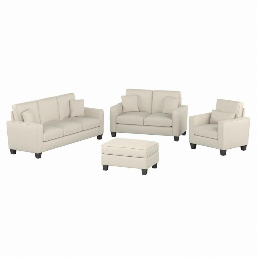 Living & Family Room Furniture * | Wholesale Stockton 85W Sofa W/ Loveseat, Accent Chair & Ottoman In Cream Herringbone Bush Furniture Skt020Crh