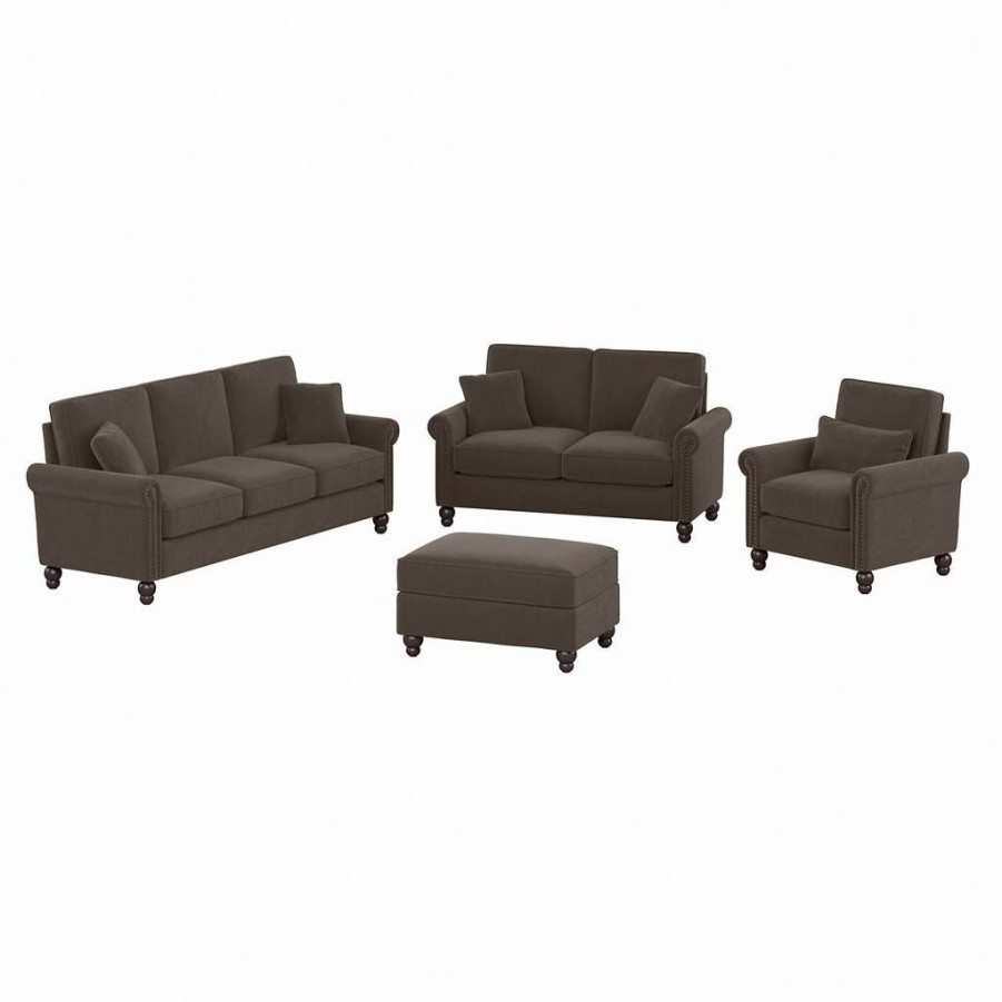 Living & Family Room Furniture * | Classical Bush Furniture Coventry 85W Sofa With Loveseat, Accent Chair, And Ottoman In Chocolate Brown Microsuede Bush Furniture Cvn020Cbm