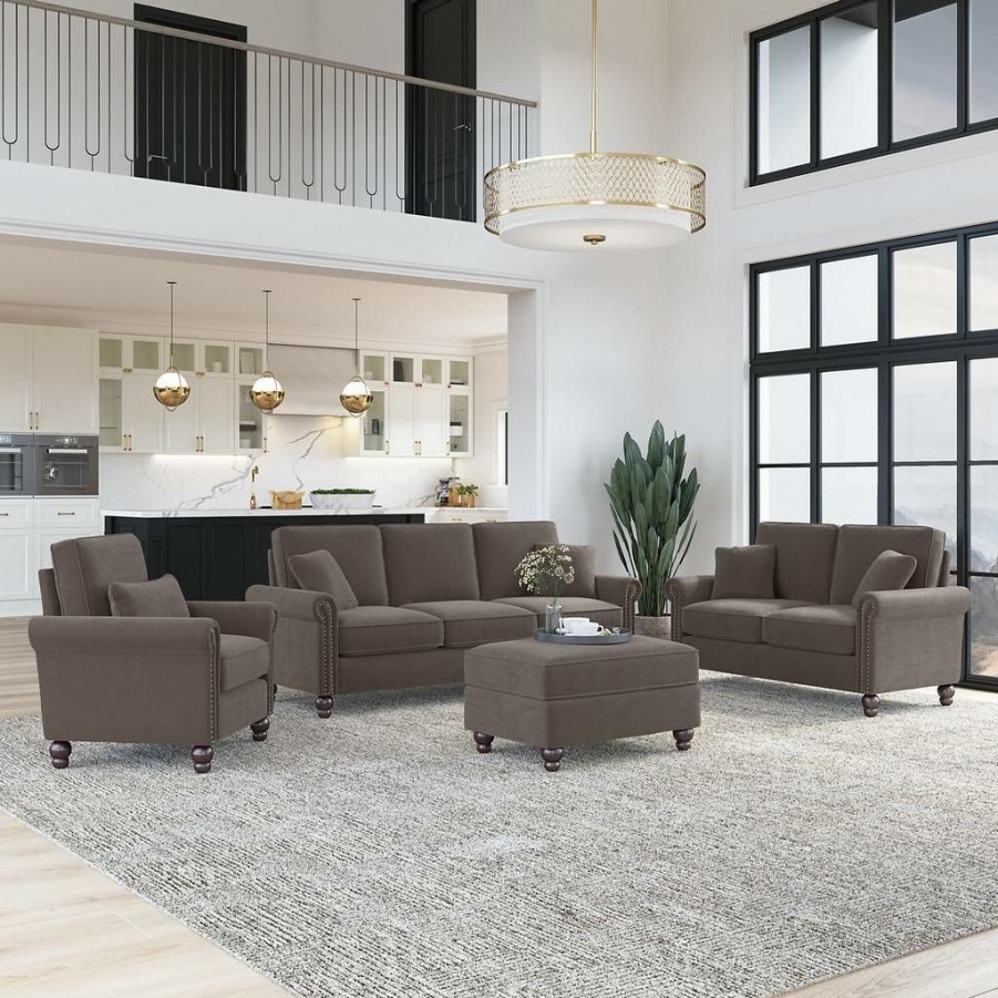 Living & Family Room Furniture * | Classical Bush Furniture Coventry 85W Sofa With Loveseat, Accent Chair, And Ottoman In Chocolate Brown Microsuede Bush Furniture Cvn020Cbm