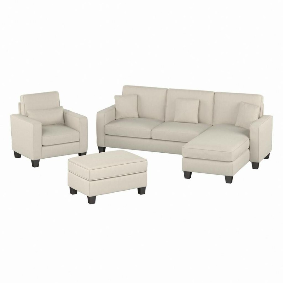 Living & Family Room Furniture * | Special Offers Stockton 102W Sectional Couch W/ Reversible Chaise Lounge, Accent Chair & Ottoman In Cream Herringbone Bush Furniture Skt021Crh