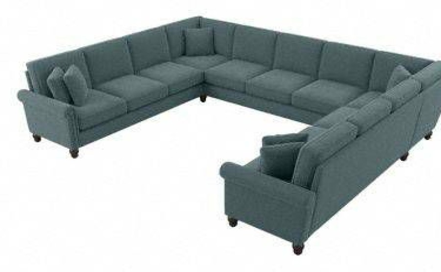 Living & Family Room Furniture * | Best Sale Bush Furniture Coventry 137W U Shaped Sectional Couch In Turkish Blue Herringbone Bush Furniture Cvy135Btbh-03K