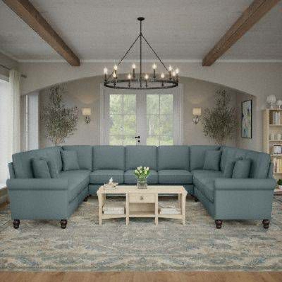 Living & Family Room Furniture * | Best Sale Bush Furniture Coventry 137W U Shaped Sectional Couch In Turkish Blue Herringbone Bush Furniture Cvy135Btbh-03K