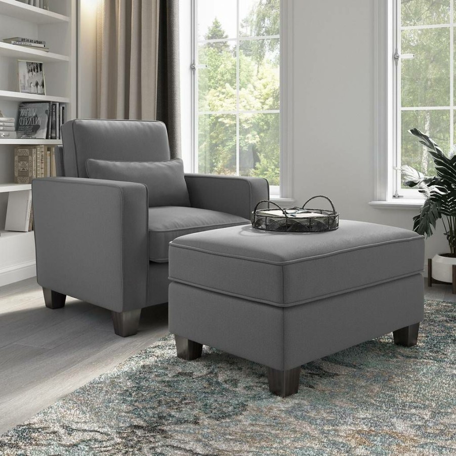 Living & Family Room Furniture * | Hot Sell Stockton Accent Chair W/ Ottoman Set In French Gray Herringbone Bush Furniture Skt010Fgh