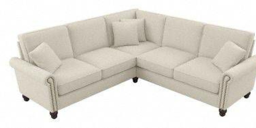 Living & Family Room Furniture * | Hot Sell Bush Furniture Coventry 87W L Shaped Sectional Couch In Cream Herringbone Bush Furniture Cvy86Bcrh-03K