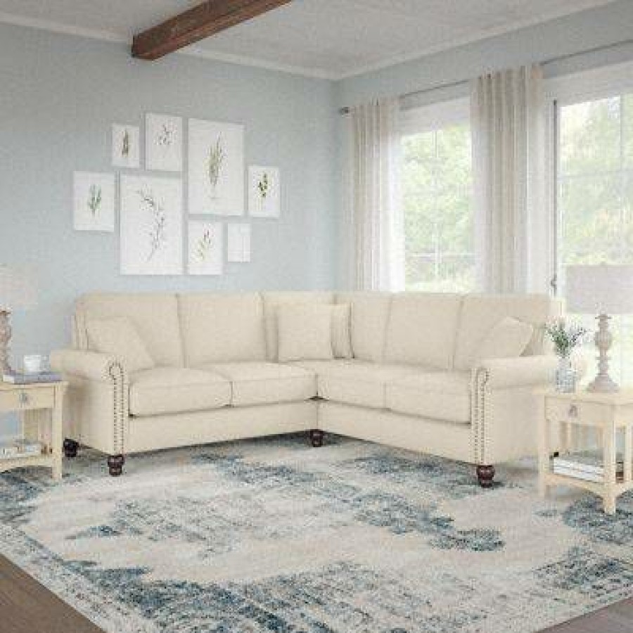 Living & Family Room Furniture * | Hot Sell Bush Furniture Coventry 87W L Shaped Sectional Couch In Cream Herringbone Bush Furniture Cvy86Bcrh-03K