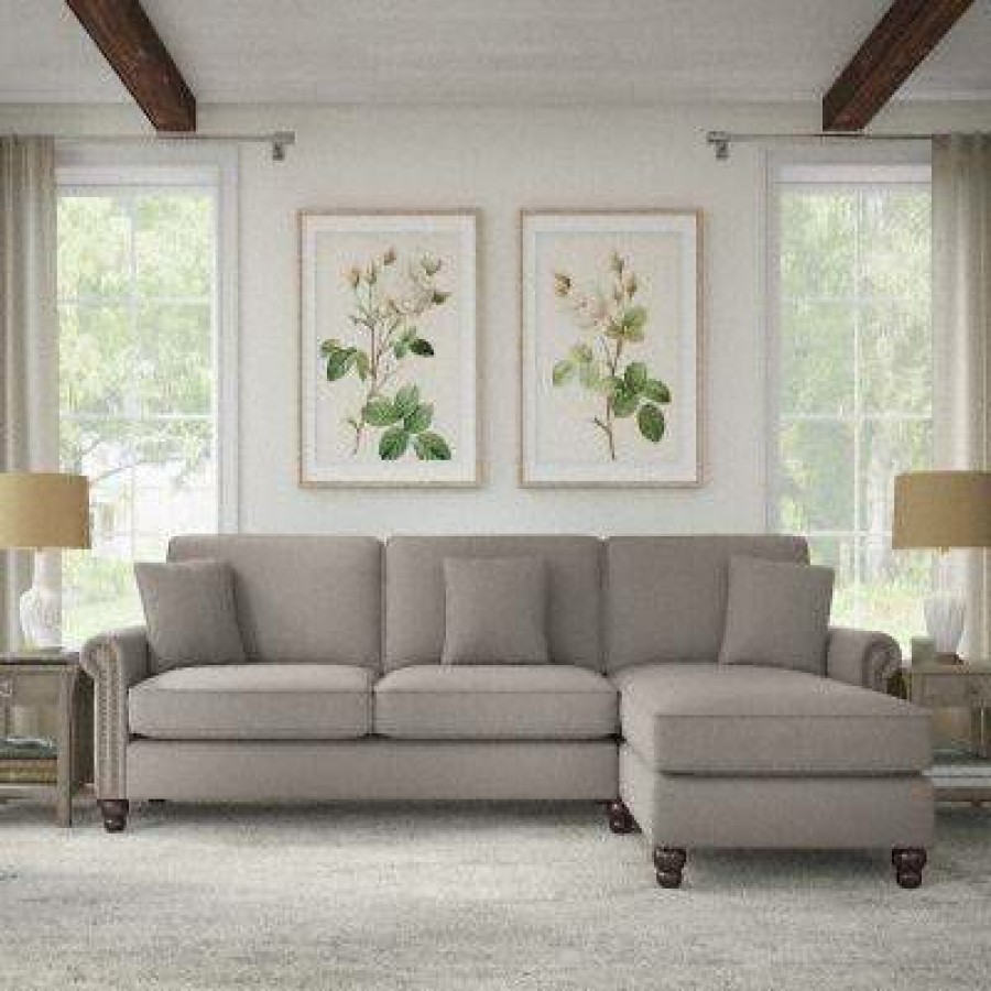 Living & Family Room Furniture * | Quick Delivery Bush Furniture Coventry 102W Sectional Couch With Reversible Chaise Lounge In Beige Herringbone Bush Furniture Cvy102Bbgh-03K