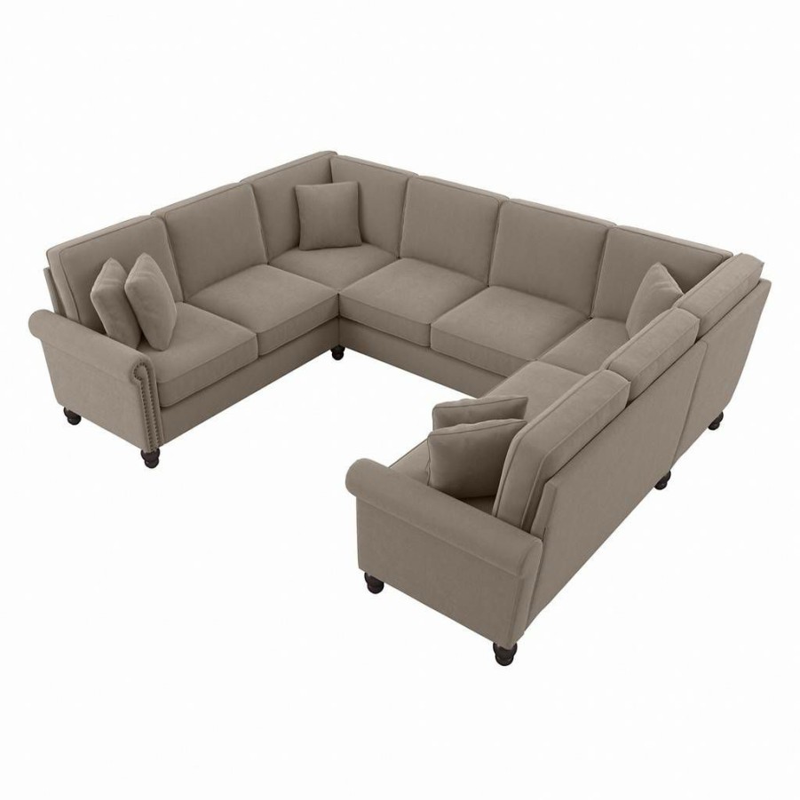 Living & Family Room Furniture * | Best Price Bush Furniture Coventry 113W U Shaped Sectional Couch In Tan Microsuede Bush Furniture Cvy112Btnm-03K