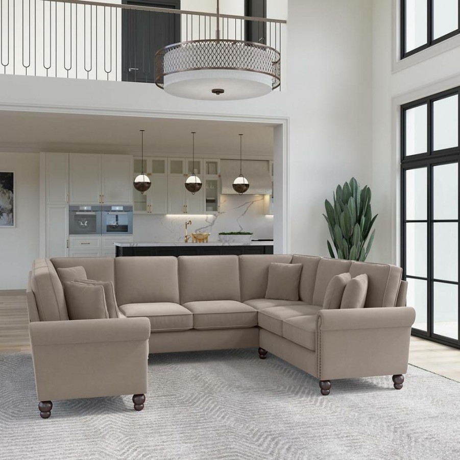 Living & Family Room Furniture * | Best Price Bush Furniture Coventry 113W U Shaped Sectional Couch In Tan Microsuede Bush Furniture Cvy112Btnm-03K