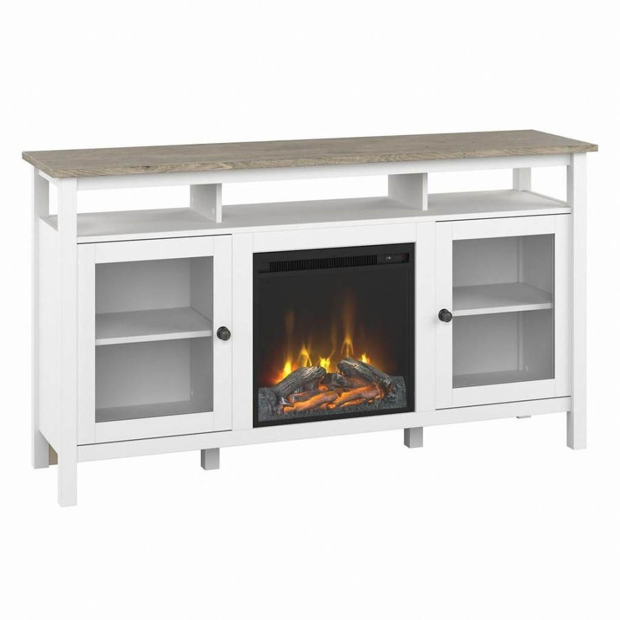 Living & Family Room Furniture * | Classical Bush Furniture Mayfield Electric Fireplace Tv Stand For 70 Inch Tv In Pure White And Shiplap Gray Bush Furniture May027Gw2