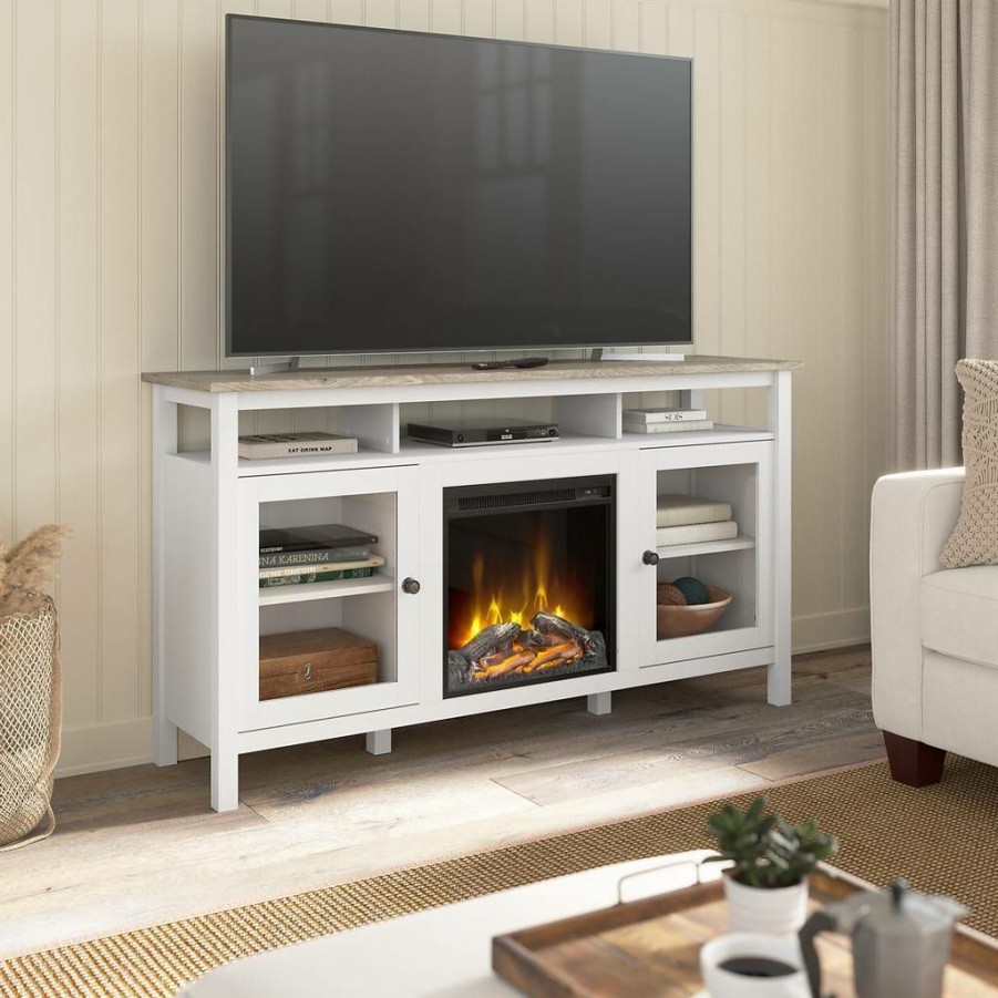 Living & Family Room Furniture * | Classical Bush Furniture Mayfield Electric Fireplace Tv Stand For 70 Inch Tv In Pure White And Shiplap Gray Bush Furniture May027Gw2