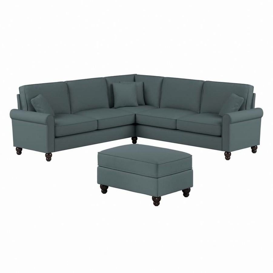 Living & Family Room Furniture * | Best Sale Bush Furniture Hudson 99W L Shaped Sectional Couch With Ottoman In Turkish Blue Herringbone Bush Furniture Hdn003Tbh