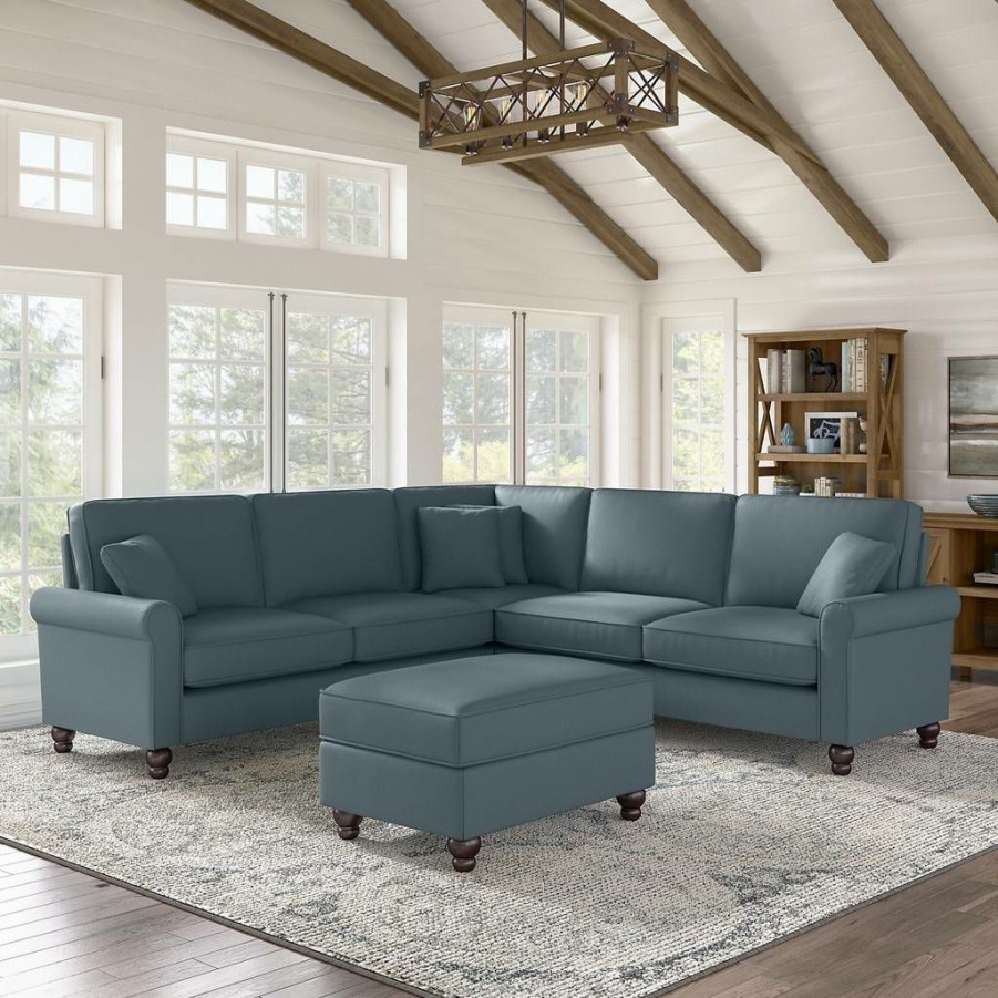 Living & Family Room Furniture * | Best Sale Bush Furniture Hudson 99W L Shaped Sectional Couch With Ottoman In Turkish Blue Herringbone Bush Furniture Hdn003Tbh