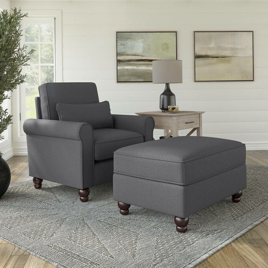 Living & Family Room Furniture * | Limit Offer Bush Furniture Hudson Accent Chair With Ottoman Set In Charcoal Gray Herringbone Bush Furniture Hdn010Cgh