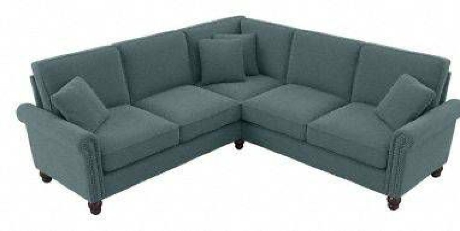 Living & Family Room Furniture * | Hot Sell Bush Furniture Coventry 87W L Shaped Sectional Couch In Turkish Blue Herringbone Bush Furniture Cvy86Btbh-03K