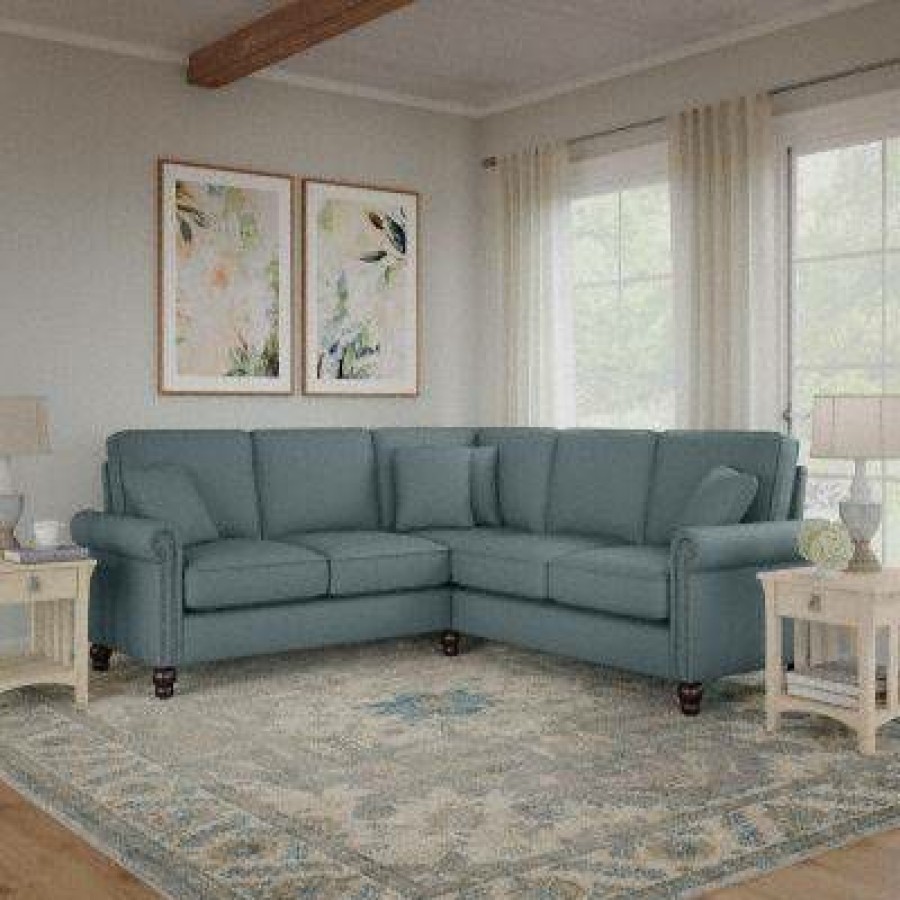 Living & Family Room Furniture * | Hot Sell Bush Furniture Coventry 87W L Shaped Sectional Couch In Turkish Blue Herringbone Bush Furniture Cvy86Btbh-03K