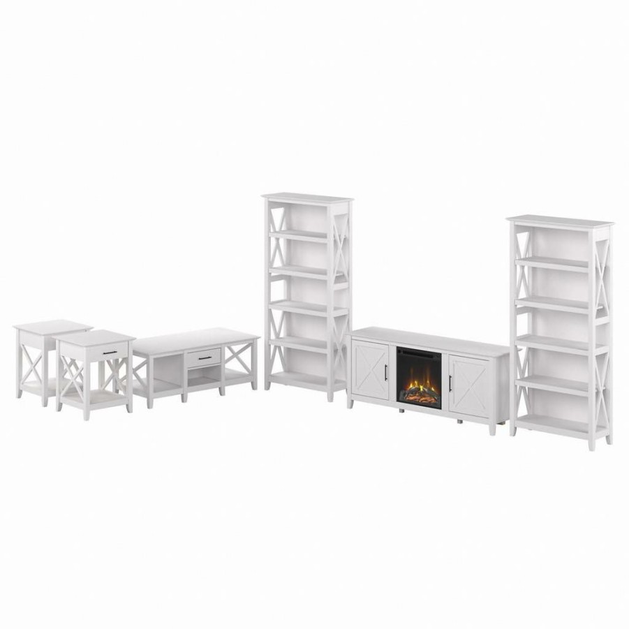 Living & Family Room Furniture * | Special Offers Bush Furniture Key West Electric Fireplace Tv Stand With Bookcases And Living Room Table Set In Pure White Oak Bush Furniture Kws073Wt