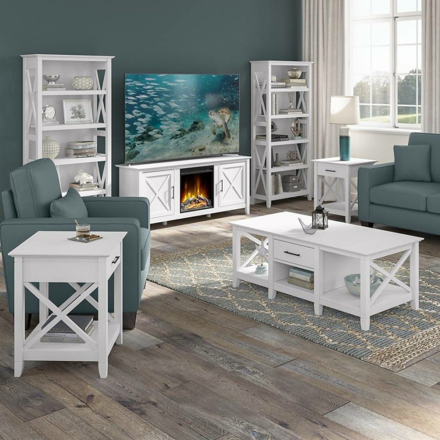 Living & Family Room Furniture * | Special Offers Bush Furniture Key West Electric Fireplace Tv Stand With Bookcases And Living Room Table Set In Pure White Oak Bush Furniture Kws073Wt