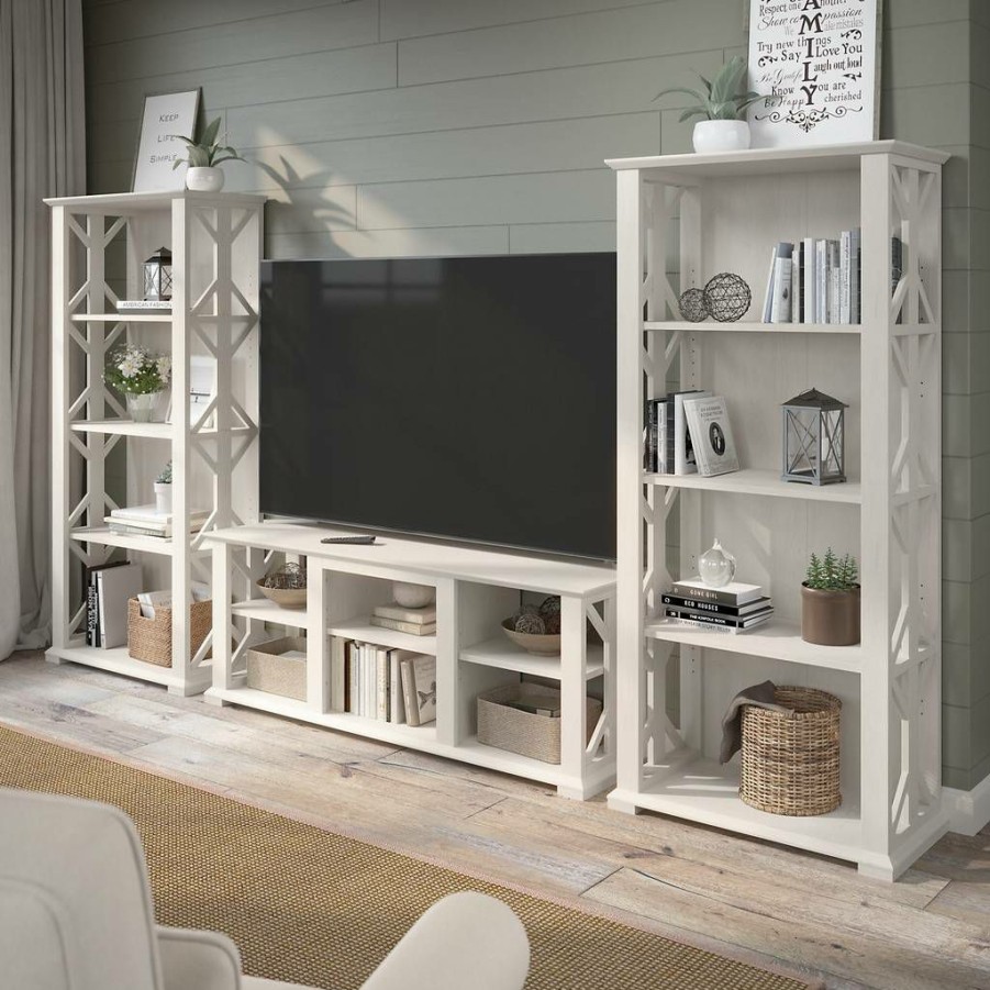 Living & Family Room Furniture * | Featured Bush Furniture Homestead Farmhouse Tv Stand For 70 Inch Tv With 4 Shelf Farmhouse Bookcase Set In Linen White Oak Bush Furniture Hot012Lw