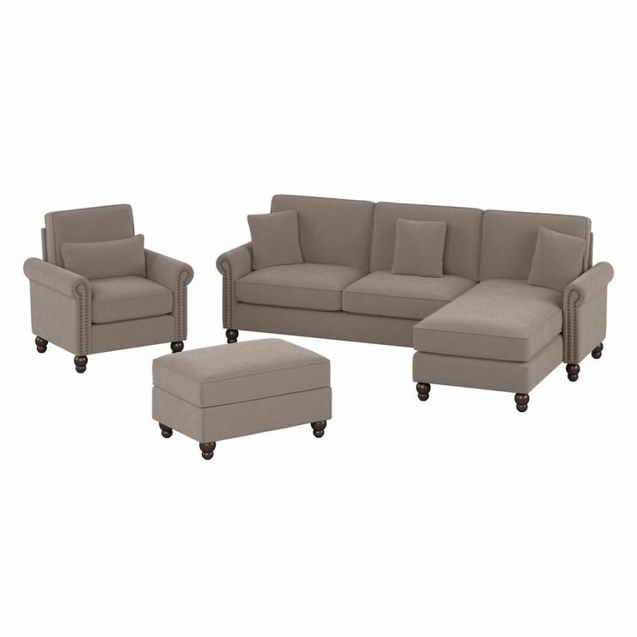 Living & Family Room Furniture * | Wholesale Bush Furniture Coventry 102W Sectional Couch With Reversible Chaise Lounge, Accent Chair, And Ottoman In Tan Microsuede Bush Furniture Cvn021Tnm