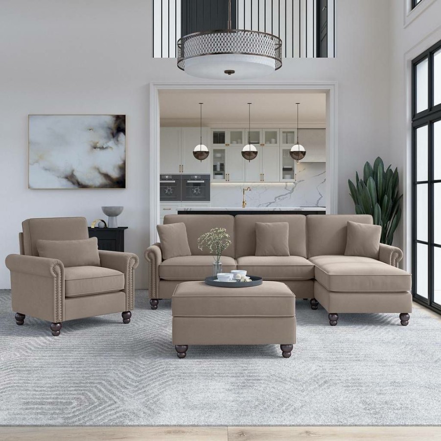 Living & Family Room Furniture * | Wholesale Bush Furniture Coventry 102W Sectional Couch With Reversible Chaise Lounge, Accent Chair, And Ottoman In Tan Microsuede Bush Furniture Cvn021Tnm