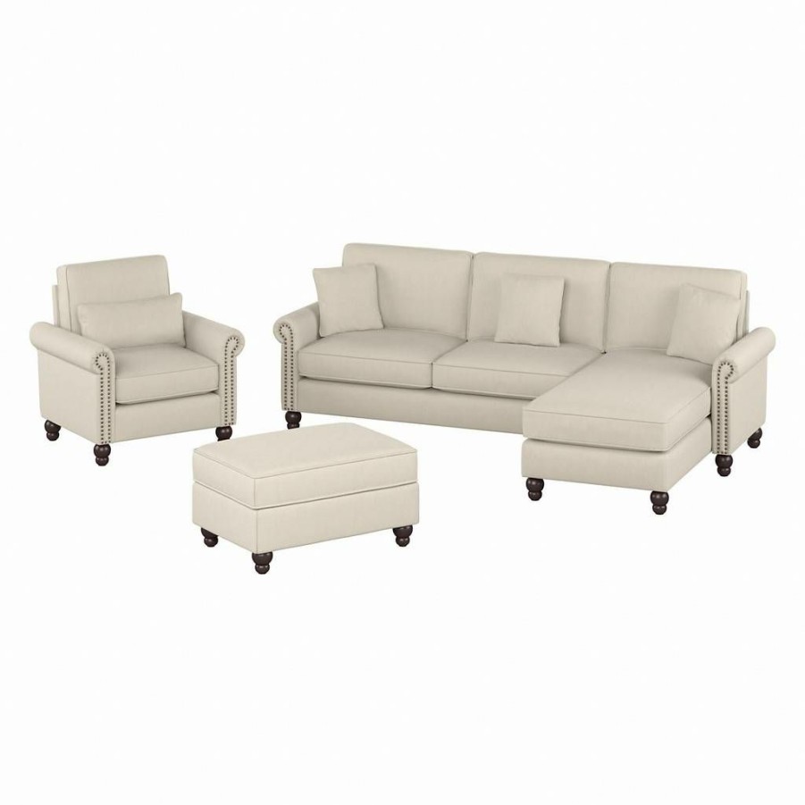 Living & Family Room Furniture * | Crazy Deals Bush Furniture Coventry 102W Sectional Couch With Reversible Chaise Lounge, Accent Chair, And Ottoman In Cream Herringbone Bush Furniture Cvn021Crh