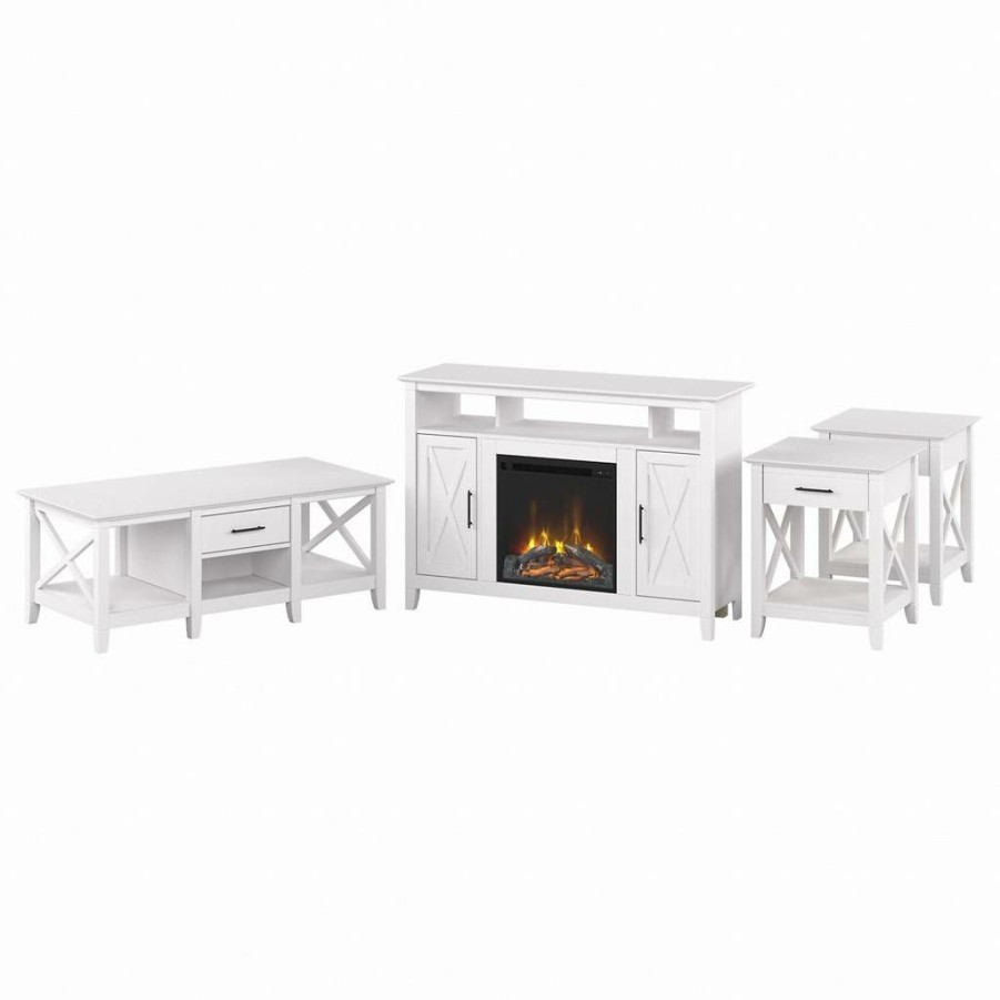 Living & Family Room Furniture * | Online Bush Furniture Key West Tall Electric Fireplace Tv Stand With Coffee Table And End Tables In Pure White Oak Bush Furniture Kws072Wt