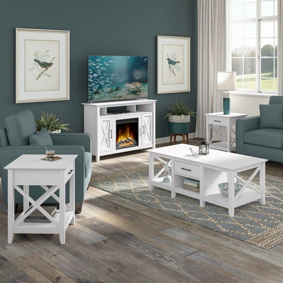 Living & Family Room Furniture * | Online Bush Furniture Key West Tall Electric Fireplace Tv Stand With Coffee Table And End Tables In Pure White Oak Bush Furniture Kws072Wt