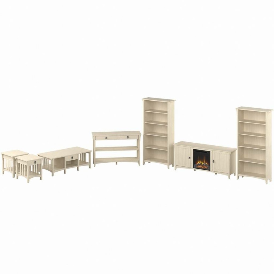 Living & Family Room Furniture * | Classical Bush Furniture Salinas Electric Fireplace Tv Stand With Bookcases And Occasional Tables In Antique White Bush Furniture Sal066Aw